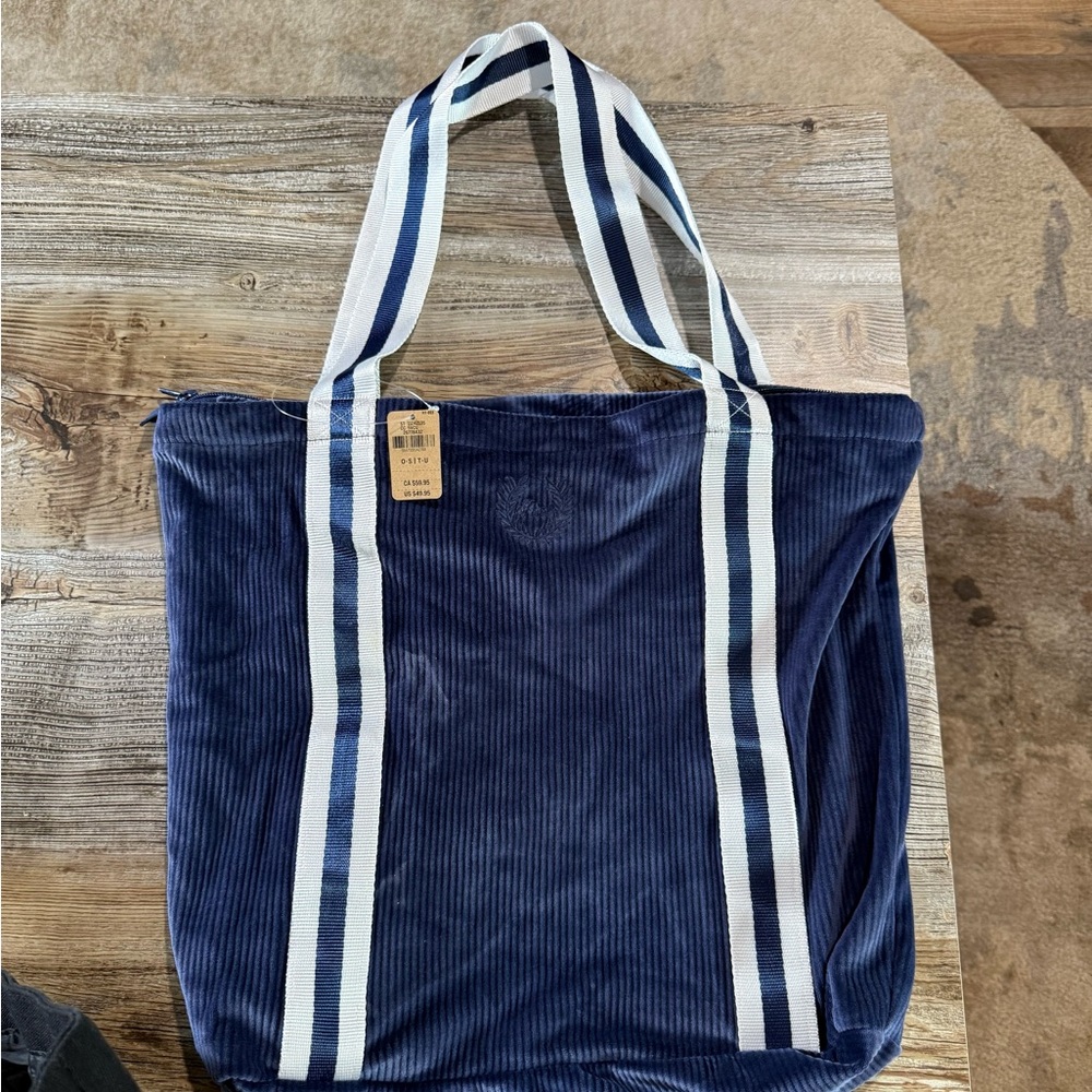 Victoria's Secret Blue Corduroy Tote with Striped Handles